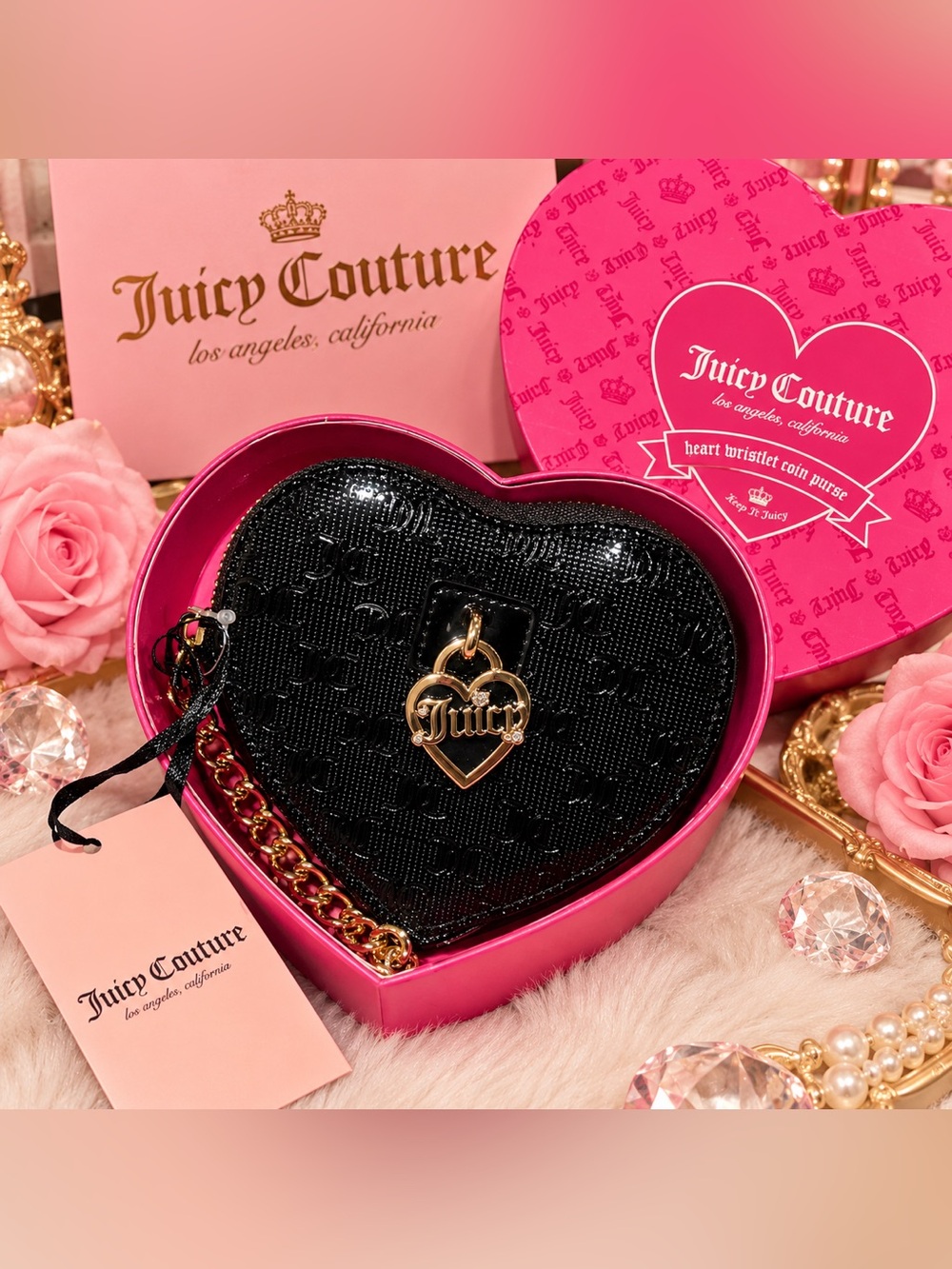 Juicy Couture Heart Zip Around Emboss Coin Purse Wallet Wristlet – NWT 🖤💗